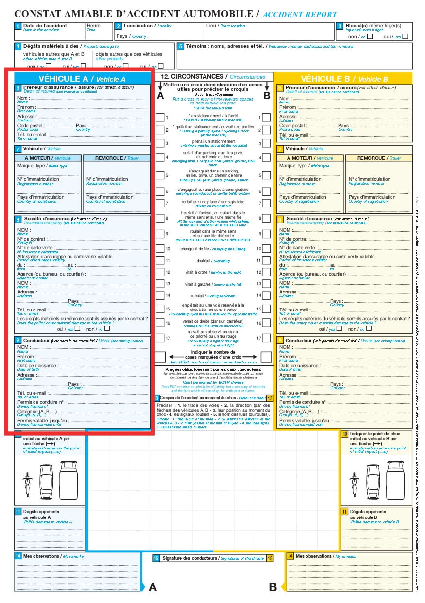 Recto constat amiable : informations du véhicule